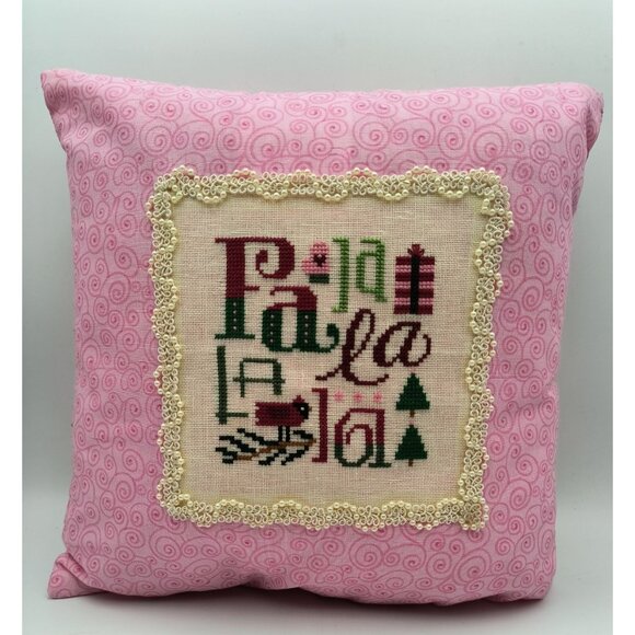 Fa La La Handmade Pink Pillow W/ Cross Stitch Holiday Design Swirl Pattern Back - Picture 1 of 6